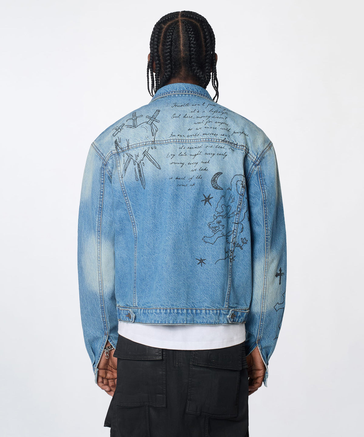 Stenciled Sinners Denim Jacket - Light Blue | Reason Clothing Everyday