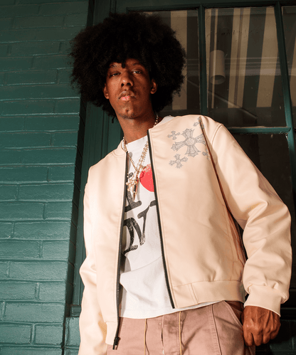 Crossed Faux PU Leather Bomber Jacket - Cream | Reason Clothing Customer Favorite
