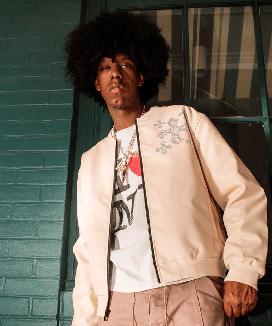 Crossed Faux PU Leather Bomber Jacket - Cream | Reason Clothing Customer Favorite