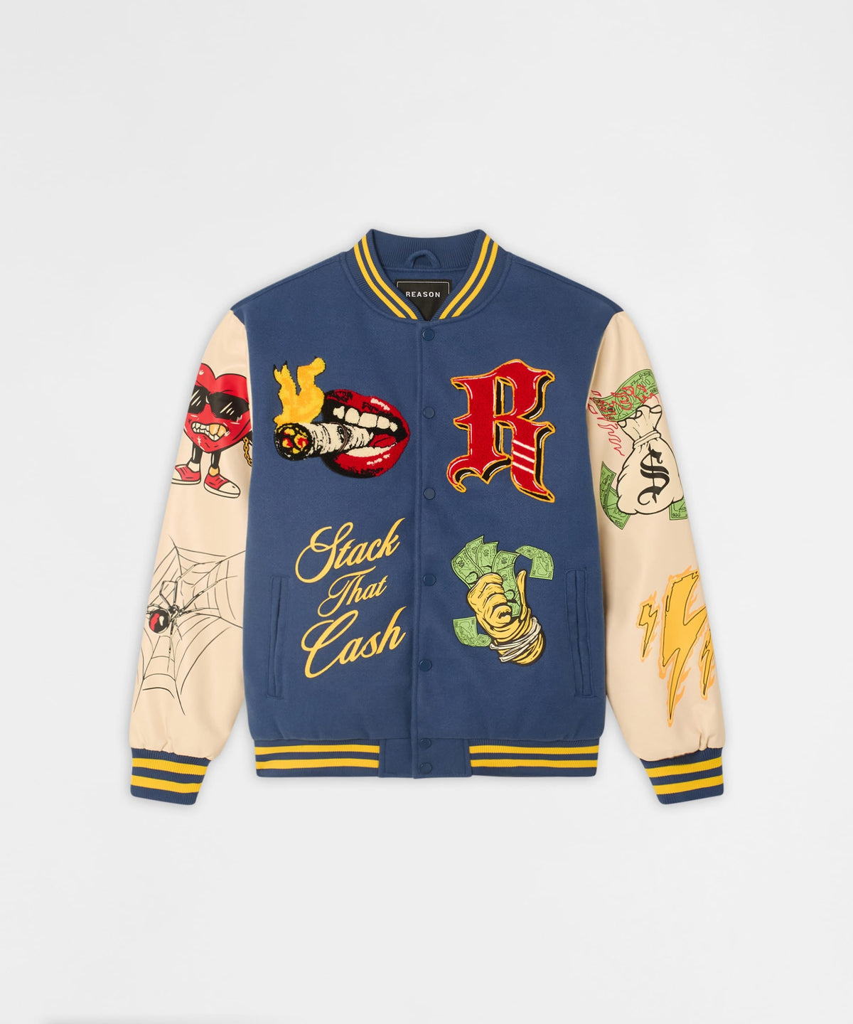 Money Varsity Faux Leather Sleeve Jacket - Blue | Reason Clothing Top Pick