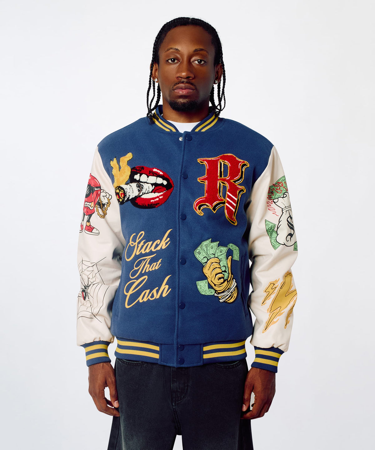Money Varsity Faux Leather Sleeve Jacket - Blue | Reason Clothing Top Pick