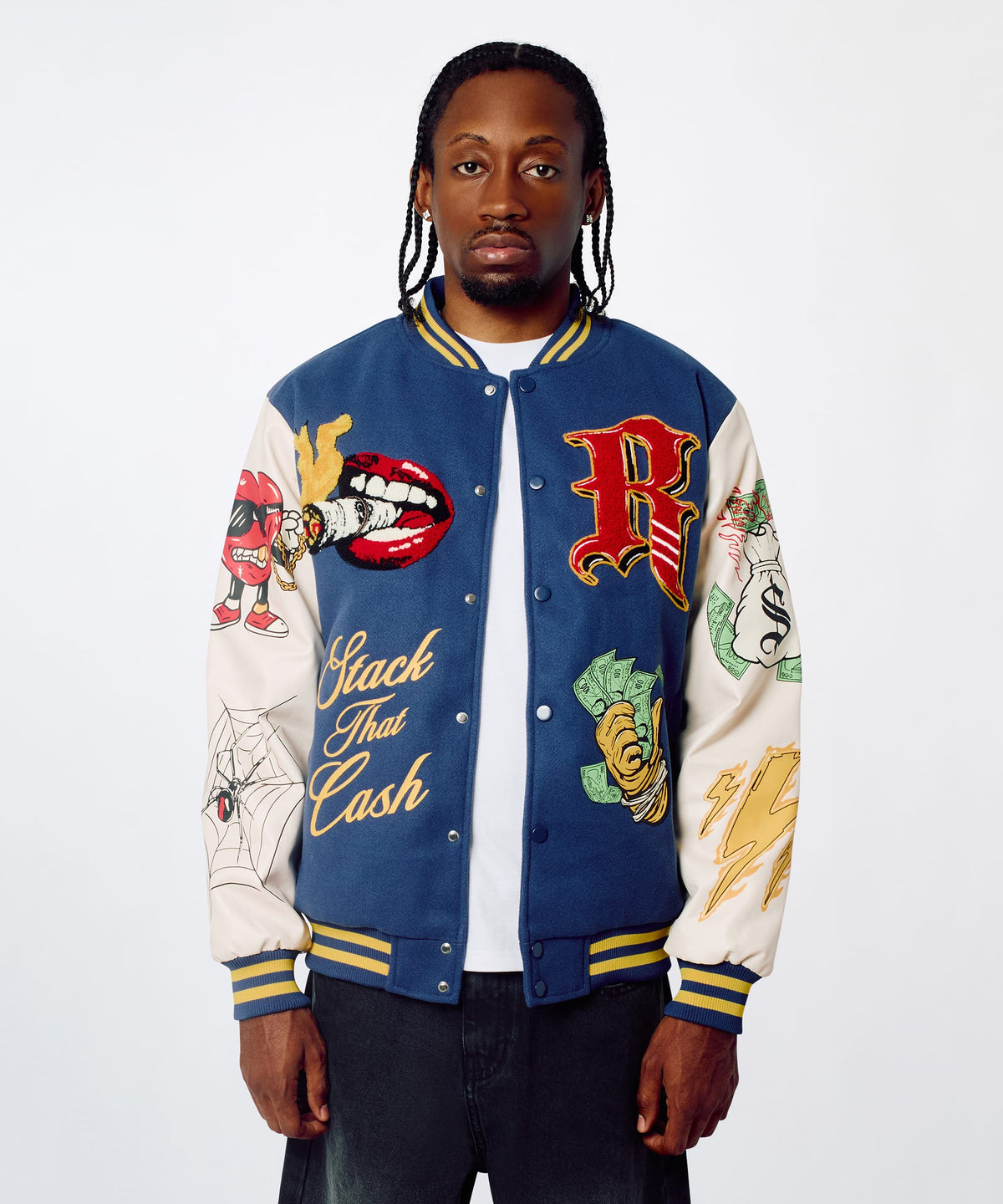 Money Varsity Faux Leather Sleeve Jacket - Blue | Reason Clothing Top Pick