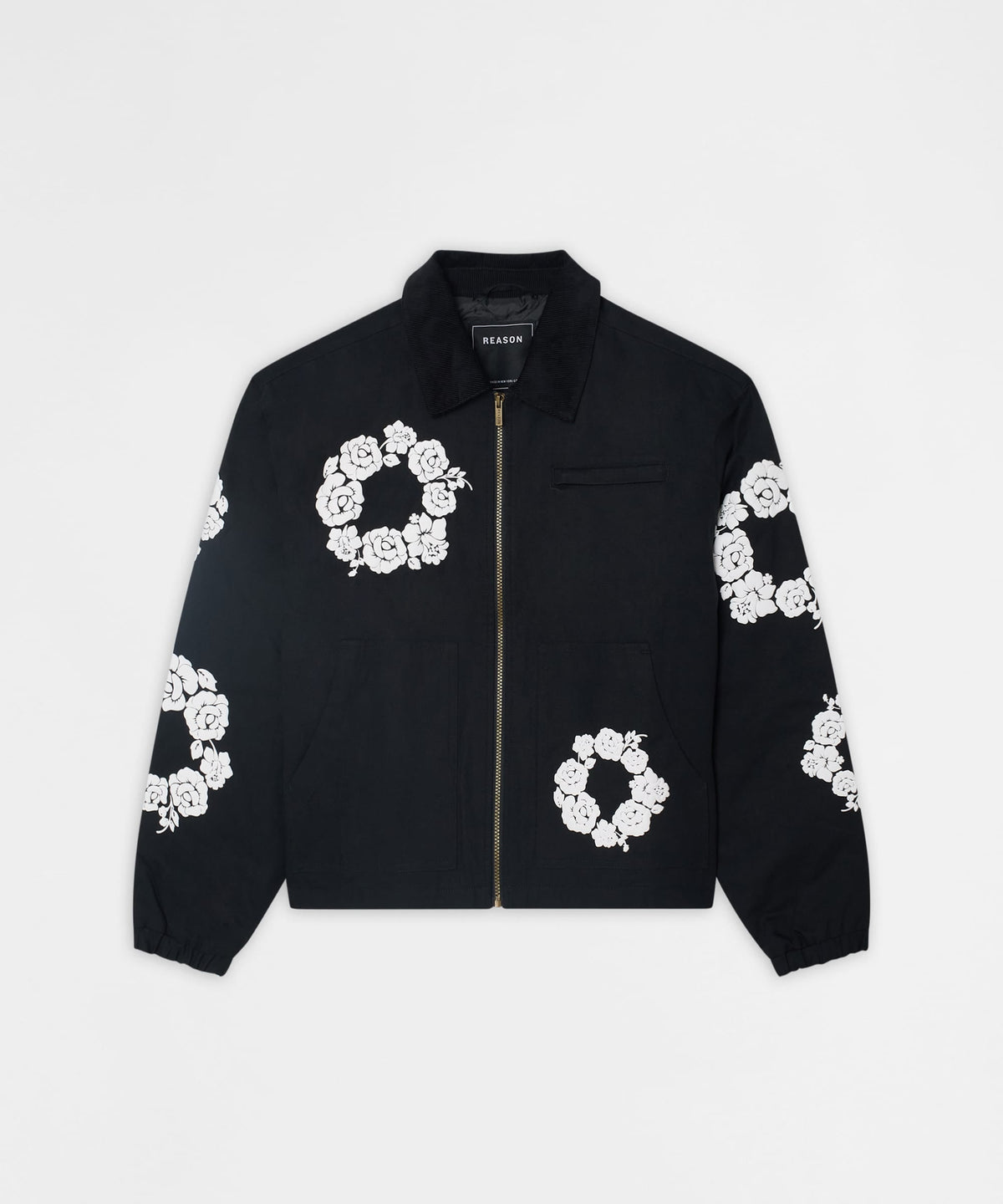 Floral Wreath Collared Workwear Jacket - Black | Reason Clothing Best Price