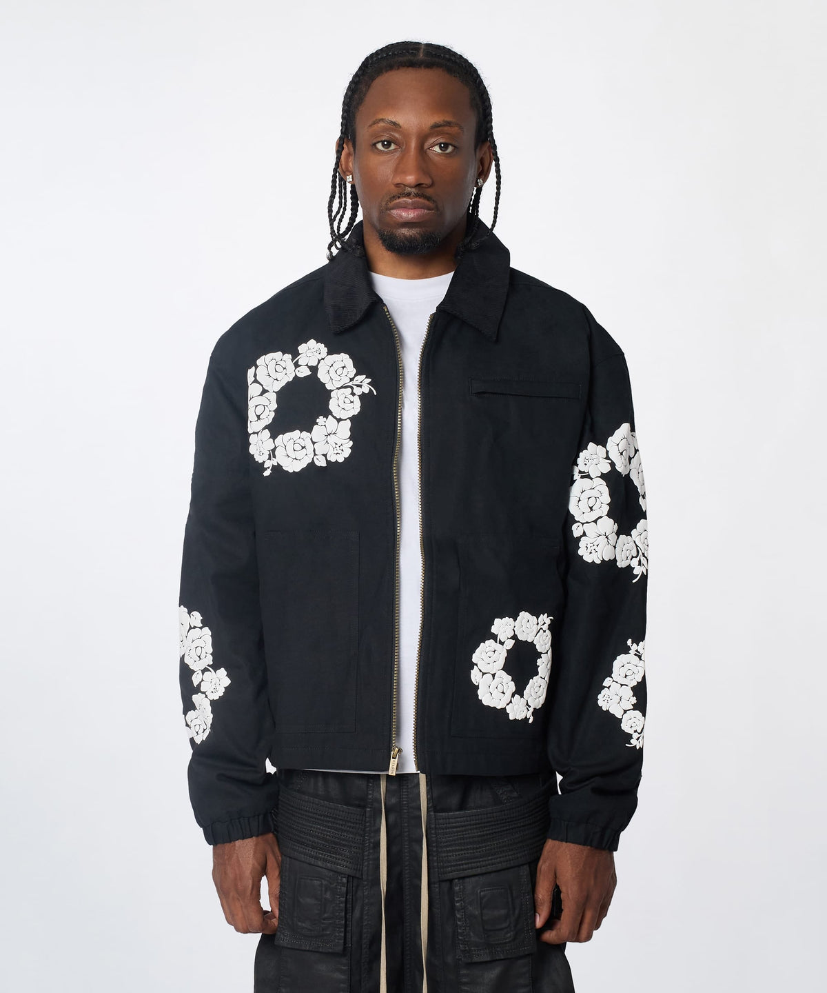 Floral Wreath Collared Workwear Jacket - Black | Reason Clothing Best Price
