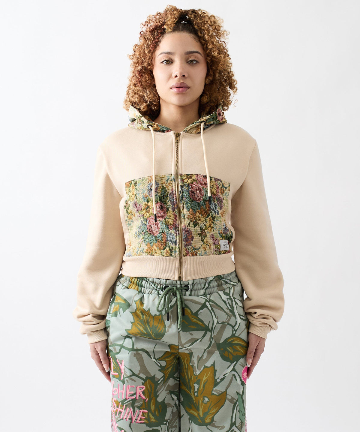 Women Floral Tapestry Graphic Zip Up Hoodie - Khaki | Reason Clothing Premium