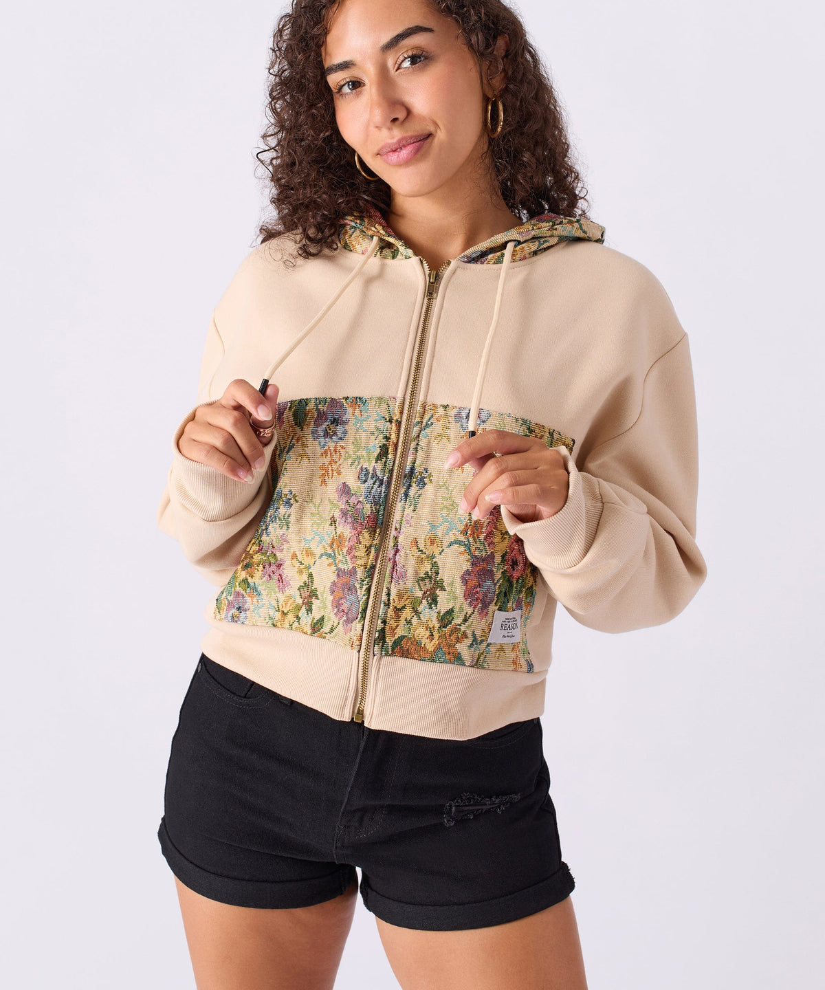 Women Floral Tapestry Graphic Zip Up Hoodie - Khaki | Reason Clothing Premium