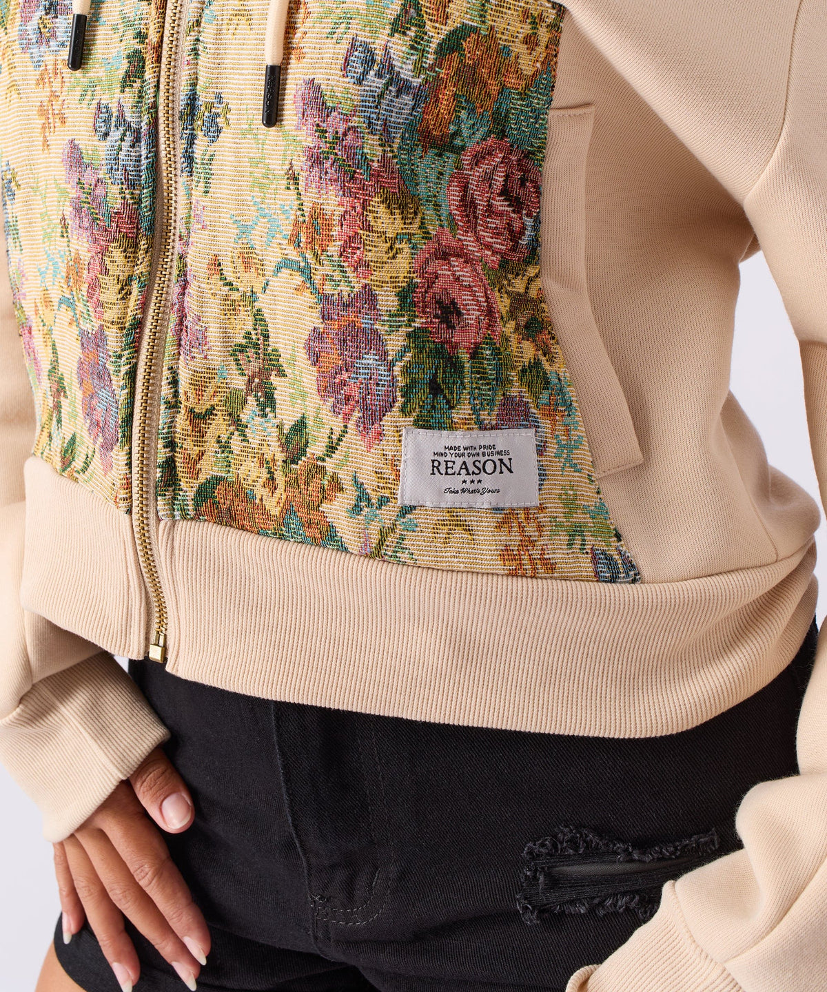 Women Floral Tapestry Graphic Zip Up Hoodie - Khaki | Reason Clothing Premium