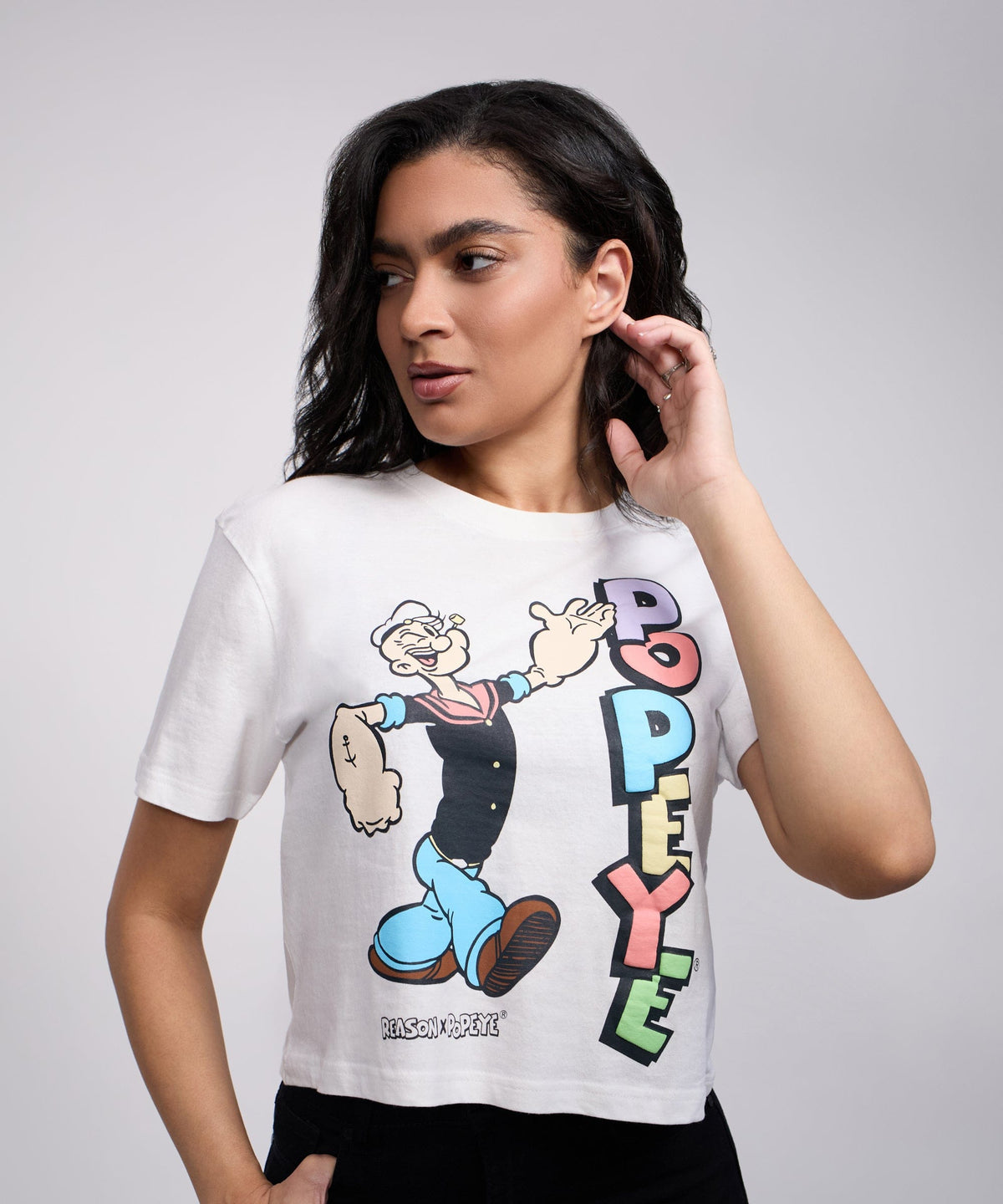 Popeye Logo Women's Graphic Cropped Short Sleeve Tee - White | Reason Clothing Deals