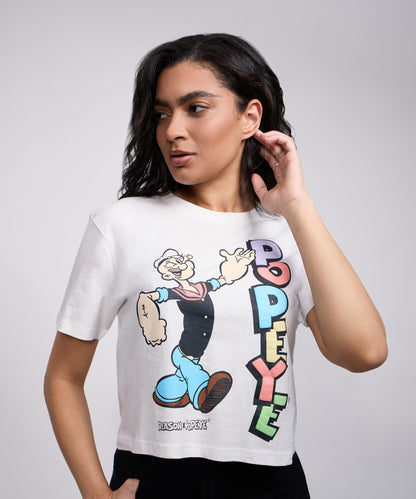 Popeye Logo Women's Graphic Cropped Short Sleeve Tee - White | Reason Clothing Deals