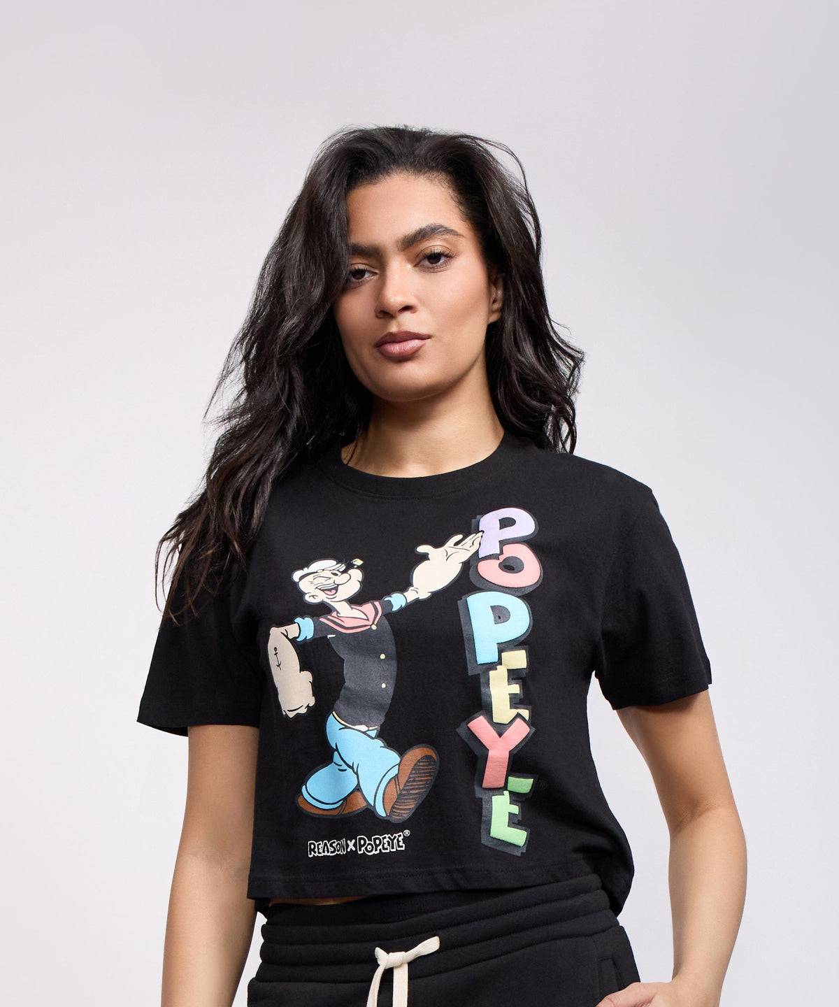 Popeye Classic Women's Graphic Short Sleeve Cropped Tee - Black | Reason Clothing Everyday