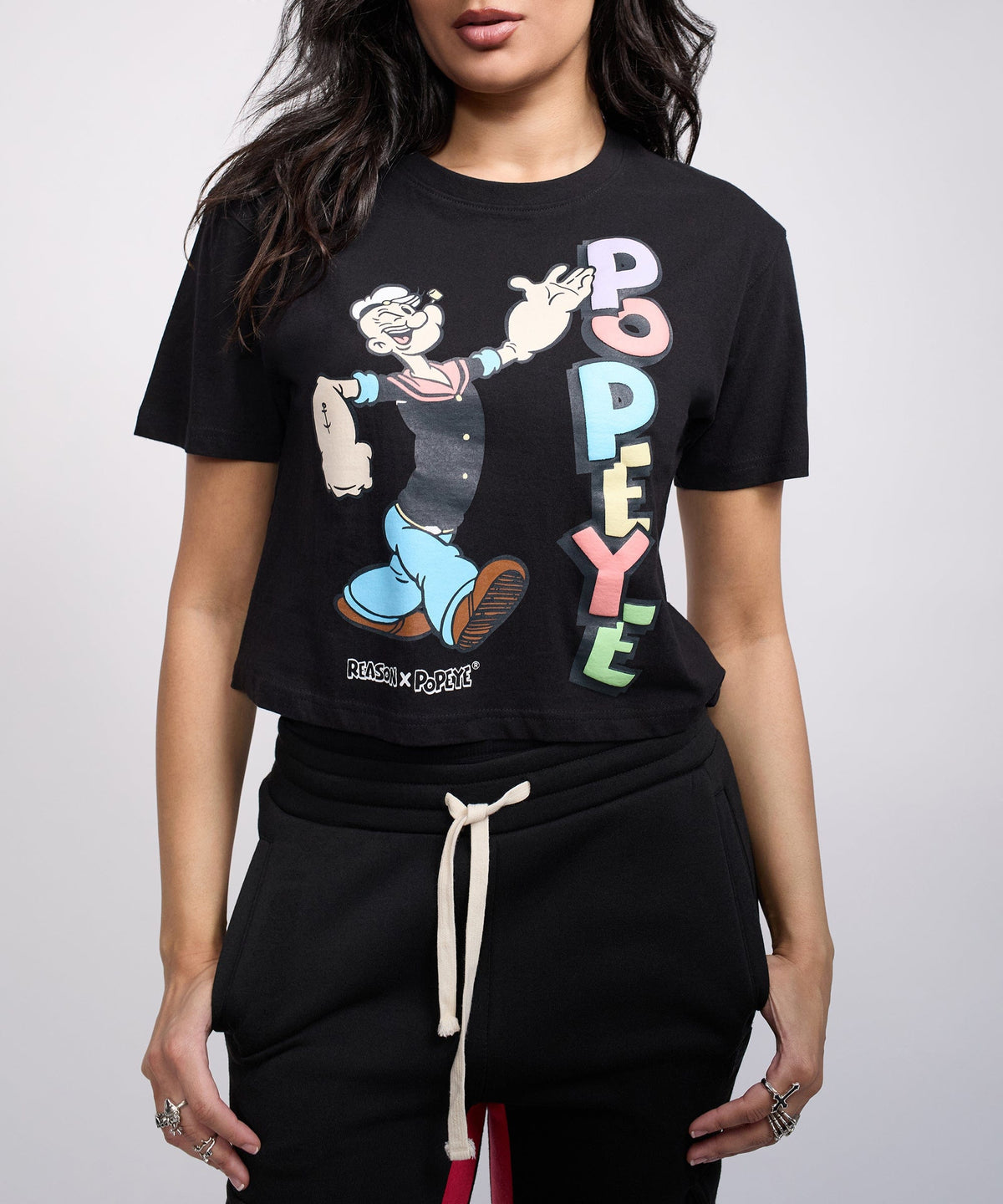 Popeye Classic Women's Graphic Short Sleeve Cropped Tee - Black | Reason Clothing Everyday