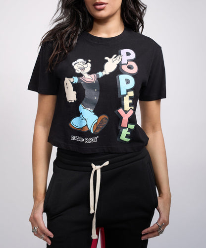 Popeye Classic Women's Graphic Short Sleeve Cropped Tee - Black | Reason Clothing Everyday
