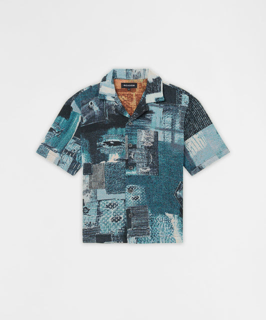 Mosaic Tapestry Button Down Short Sleeve Knit Shirt - Blue | Reason Clothing Best Seller
