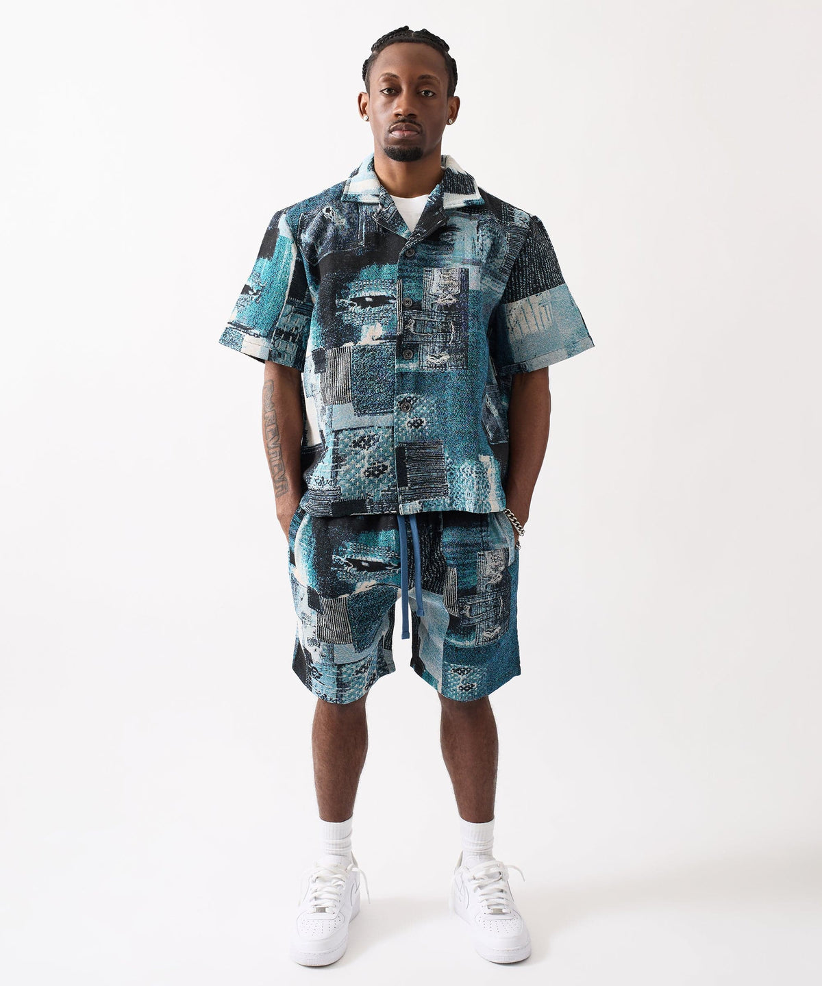 Mosaic Tapestry Button Down Short Sleeve Knit Shirt - Blue | Reason Clothing Best Seller