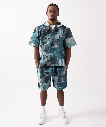 Mosaic Tapestry Button Down Short Sleeve Knit Shirt - Blue | Reason Clothing Best Seller