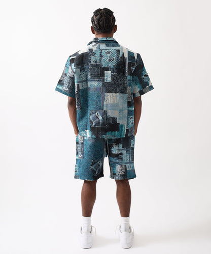 Mosaic Tapestry Button Down Short Sleeve Knit Shirt - Blue | Reason Clothing Best Seller