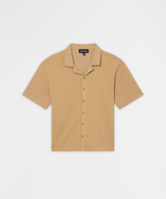 Diamond Pattern Textured Knit Button-Down Shirt - Taupe | Reason Clothing Discount
