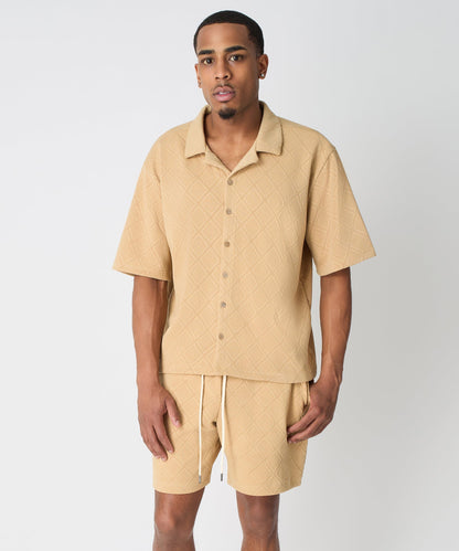 Diamond Pattern Textured Knit Button-Down Shirt - Taupe | Reason Clothing Discount