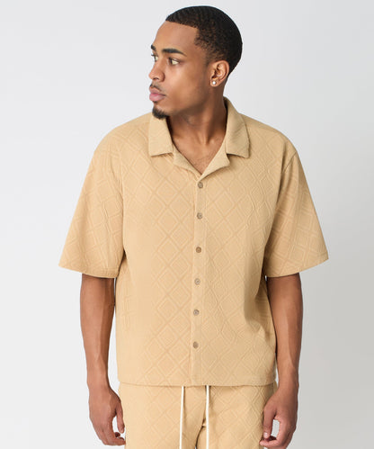 Diamond Pattern Textured Knit Button-Down Shirt - Taupe | Reason Clothing Discount