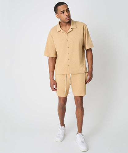 Diamond Pattern Textured Knit Button-Down Shirt - Taupe | Reason Clothing Discount