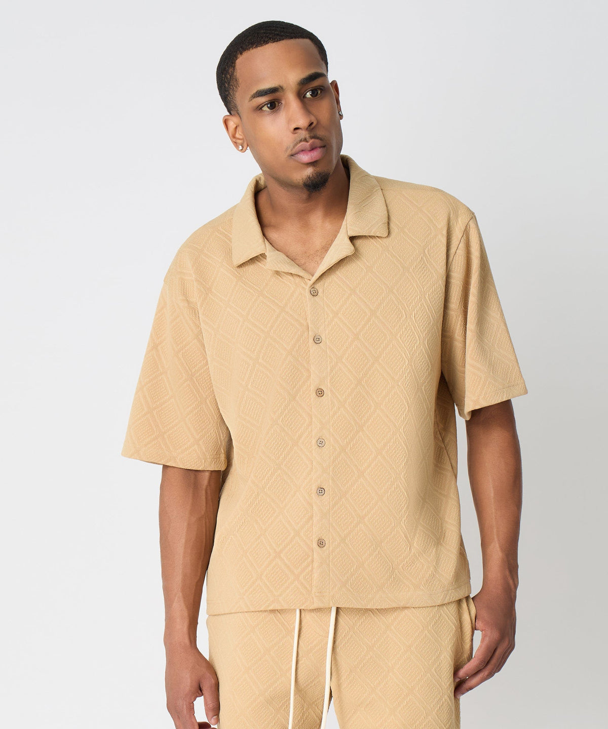 Diamond Pattern Textured Knit Button-Down Shirt - Taupe | Reason Clothing Discount