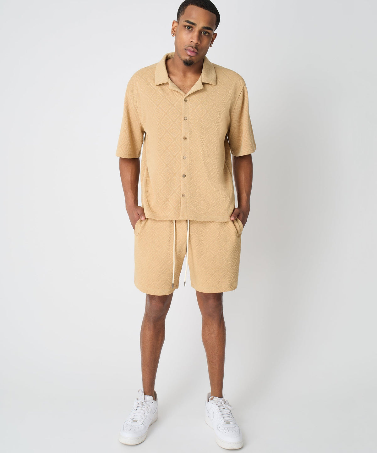 Diamond Pattern Textured Knit Button-Down Shirt - Taupe | Reason Clothing Discount