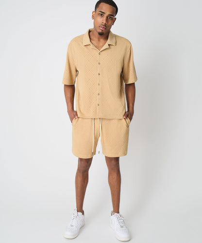 Diamond Pattern Textured Knit Button-Down Shirt - Taupe | Reason Clothing Discount