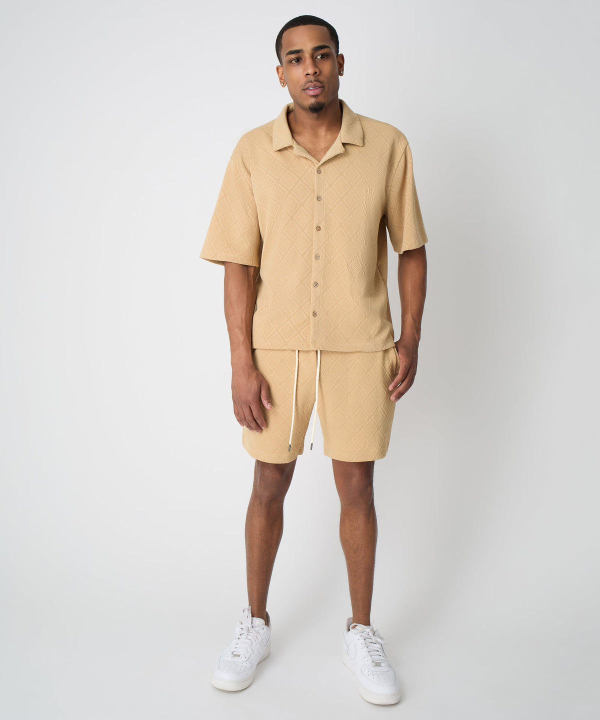 Diamond Pattern Textured Knit Button-Down Shirt - Taupe | Reason Clothing Discount