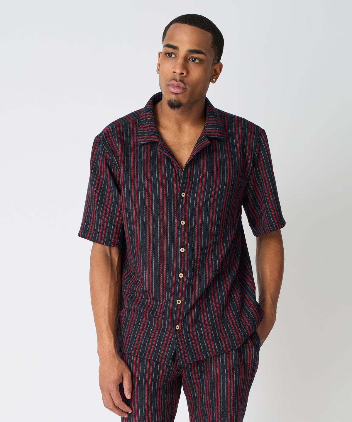 Nightshift Jacquard Button Down Short Sleeve Knit Shirt - Black | Reason Clothing Best Price