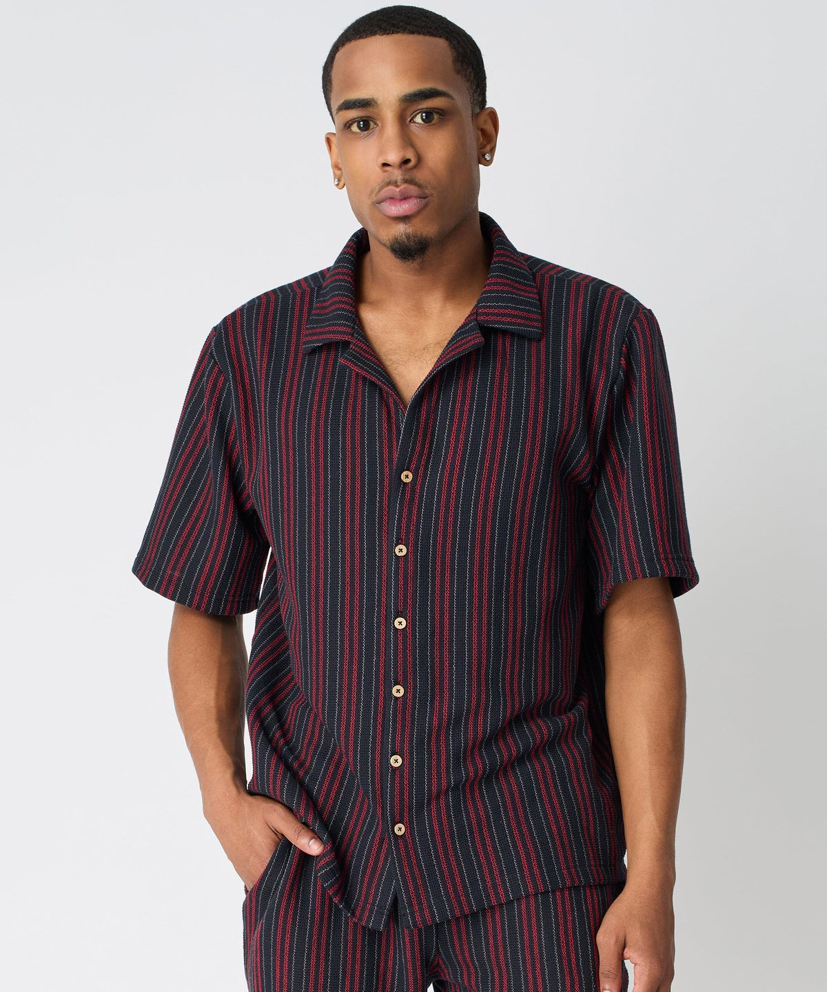 Nightshift Jacquard Button Down Short Sleeve Knit Shirt - Black | Reason Clothing Best Price