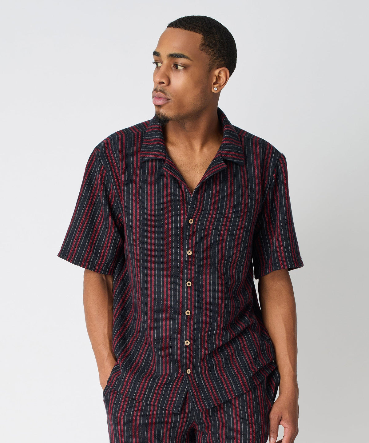 Nightshift Jacquard Button Down Short Sleeve Knit Shirt - Black | Reason Clothing Best Price