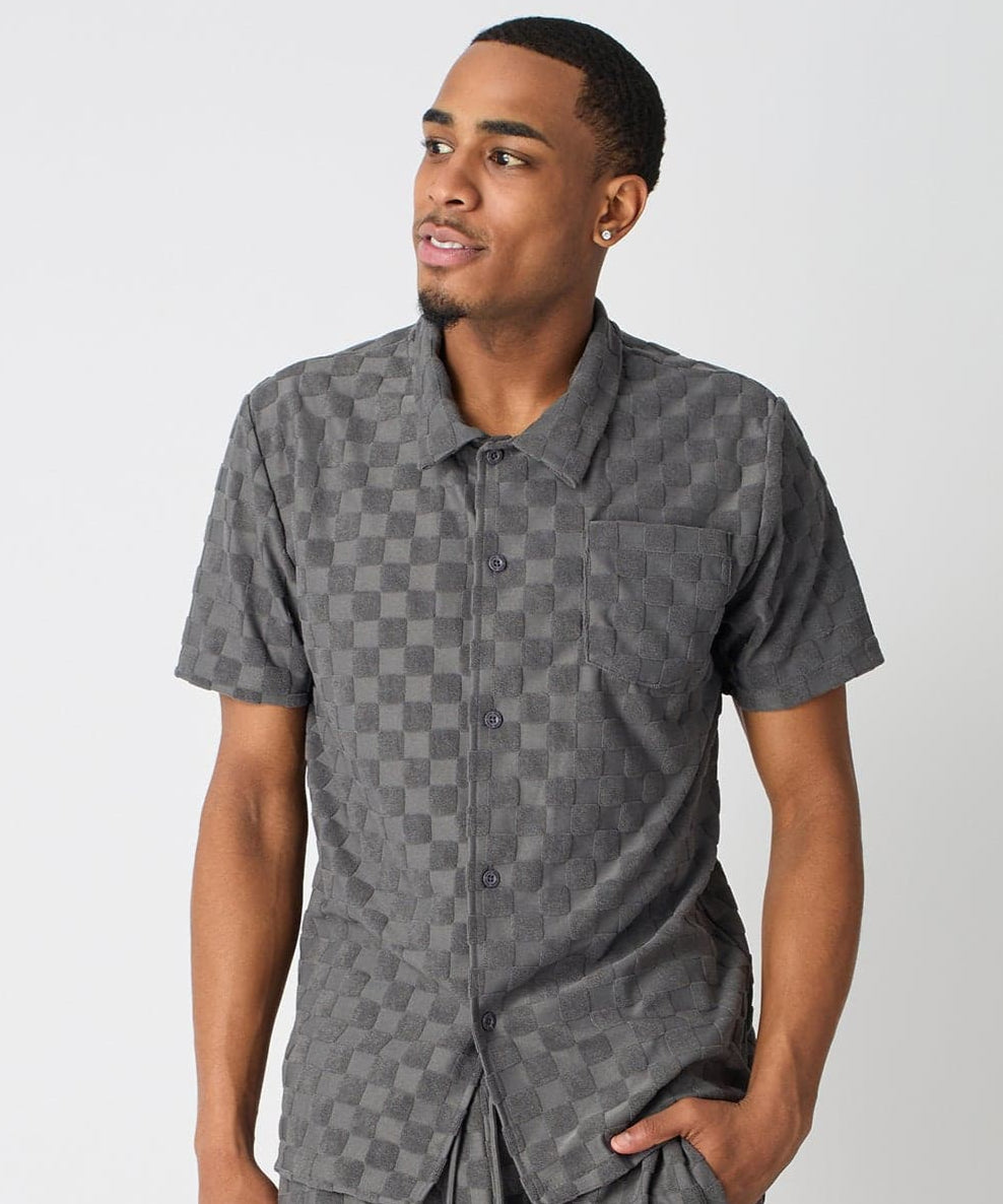 Checkerboard Viscose Button-Down Shirt - Grey | Reason Clothing Classic