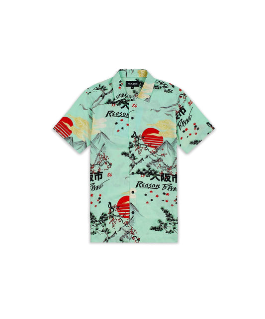 Mount Fuji Viscose Button-Down Short Sleeve Shirt - Mint | Reason Clothing Exclusive