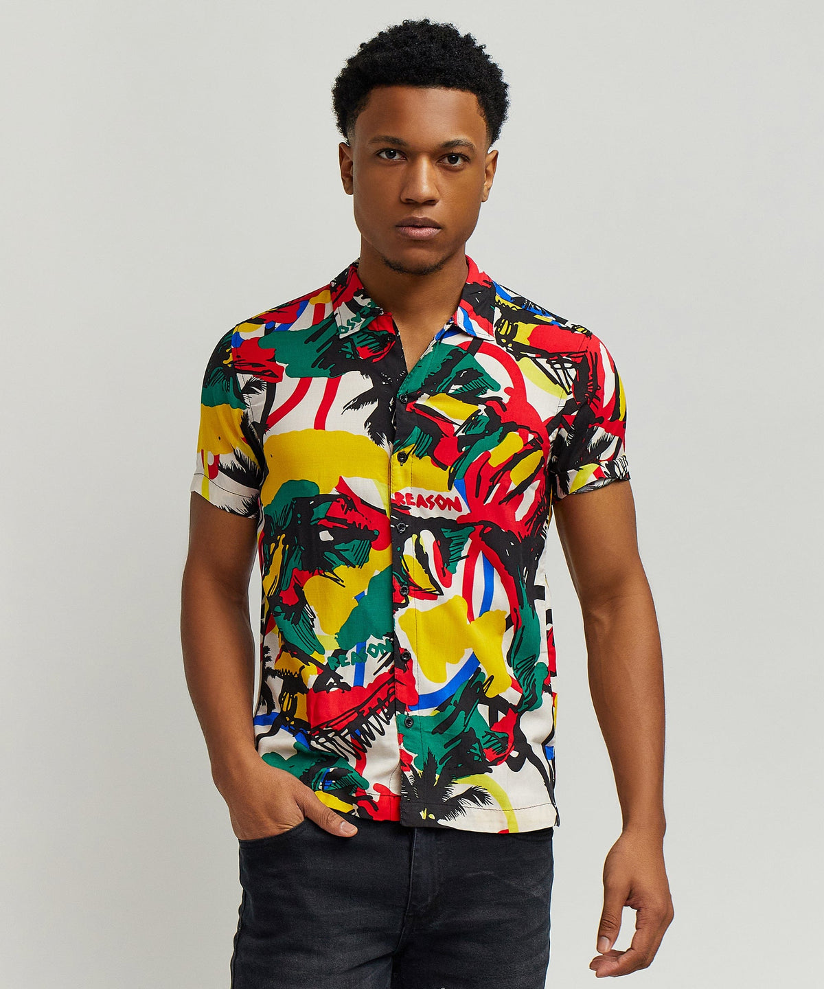 Abstract Viscose Button-Down Short Sleeve Shirt - Multicolor | Reason Clothing Deals