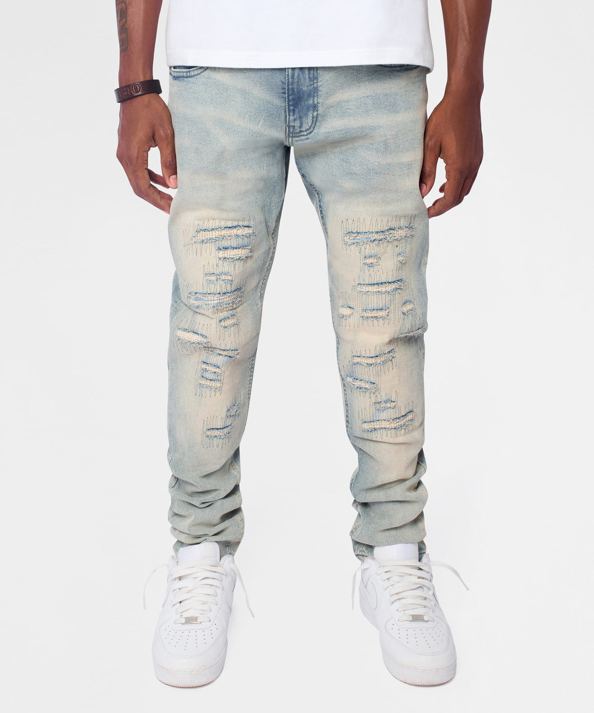 Light Wash Repaired Denim Jeans - Blue | Reason Clothing Smart Buy
