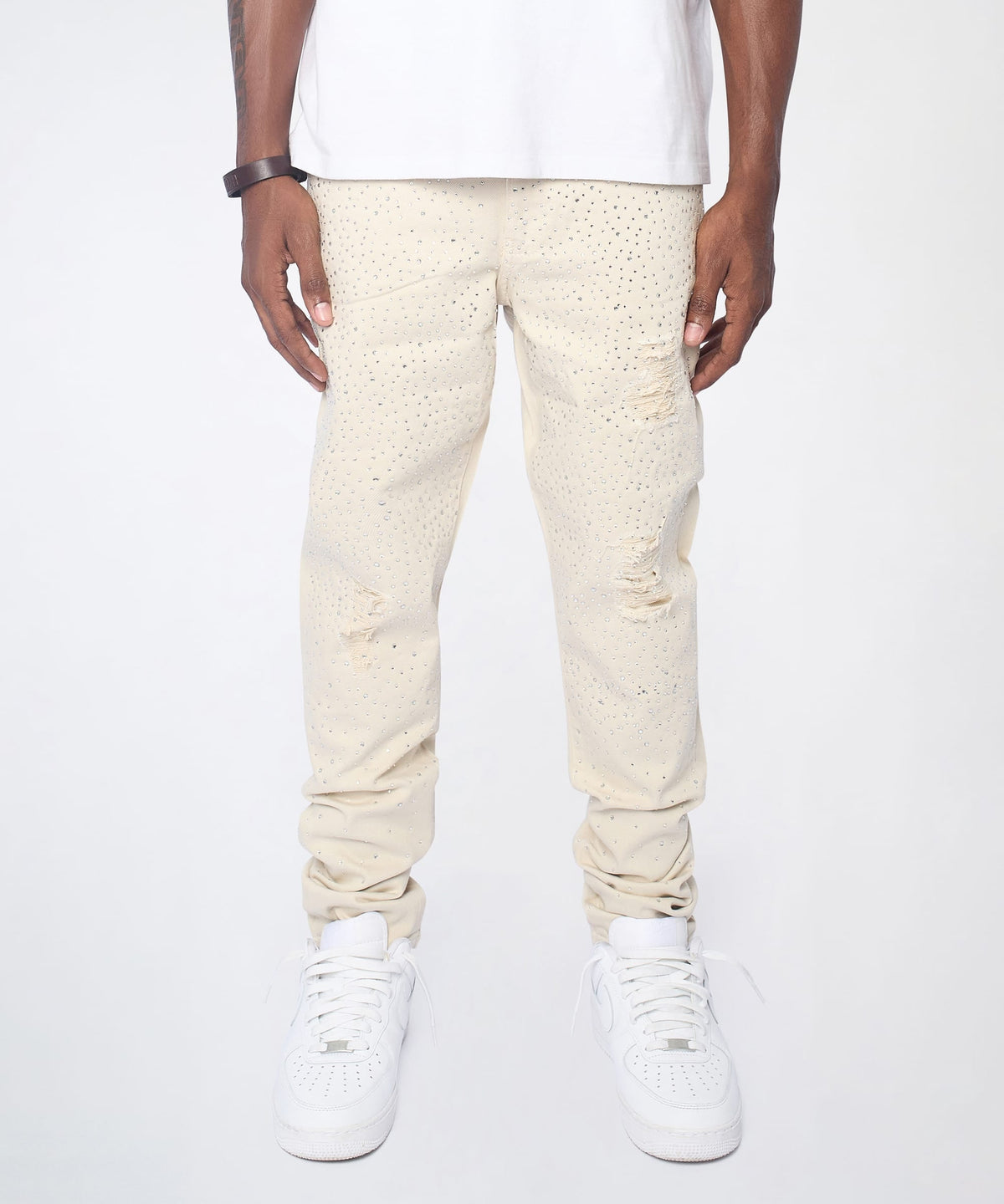 Diamond Dust Rhinestone Skinny Jeans - Cream | Reason Clothing Quality