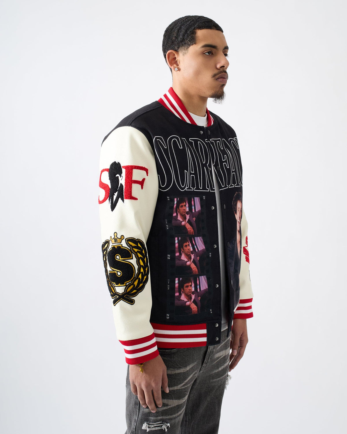Scarface Power PU Sleeves Varsity Jacket - Black | Reason Clothing Deals