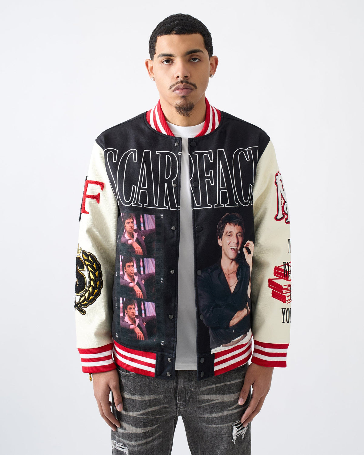 Scarface Power PU Sleeves Varsity Jacket - Black | Reason Clothing Deals