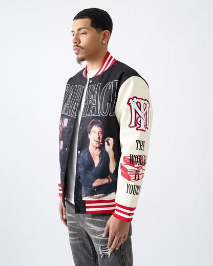 Scarface Power PU Sleeves Varsity Jacket - Black | Reason Clothing Deals