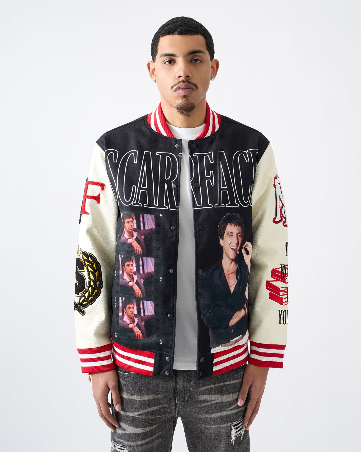 Scarface Power PU Sleeves Varsity Jacket - Black | Reason Clothing Deals