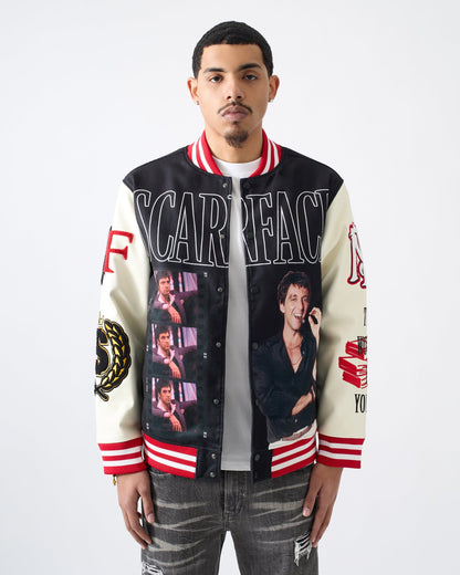 Scarface Power PU Sleeves Varsity Jacket - Black | Reason Clothing Deals
