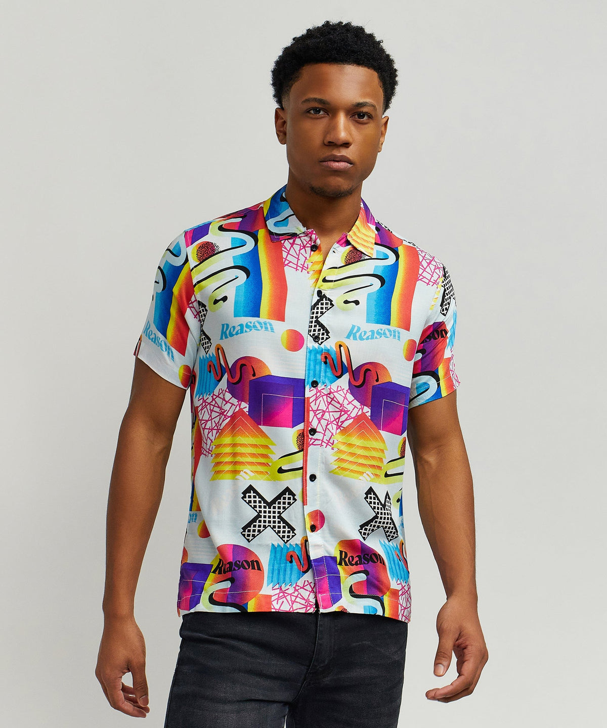 Geo Shape Viscose Button-Down Short Sleeve Shirt - Multicolor | Reason Clothing Featured
