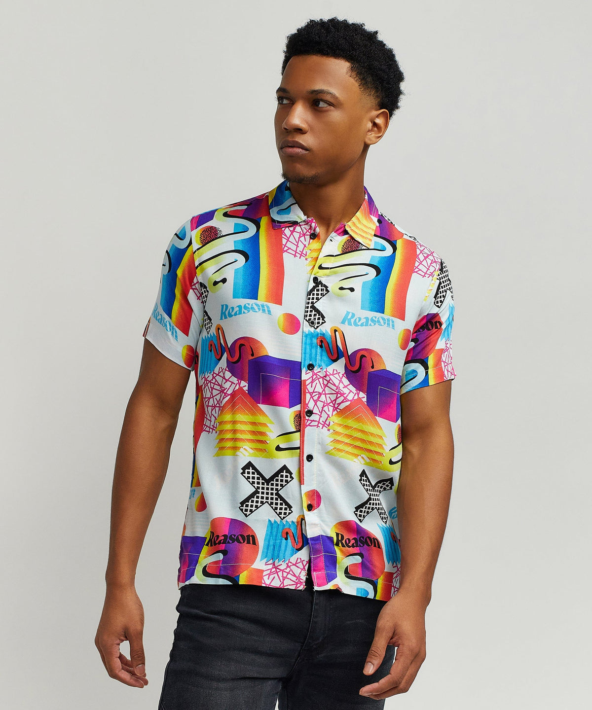 Geo Shape Viscose Button-Down Short Sleeve Shirt - Multicolor | Reason Clothing Featured