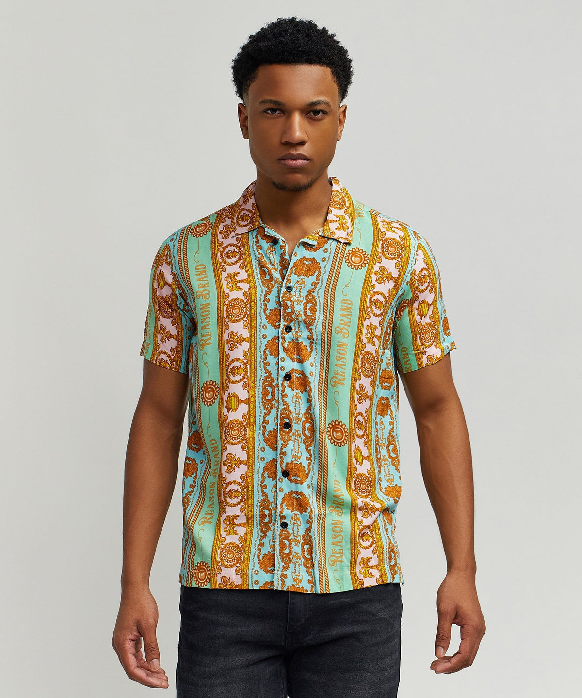 Baroque Viscose Button-Down Short Sleeve Shirt - Multicolor | Reason Clothing Essential