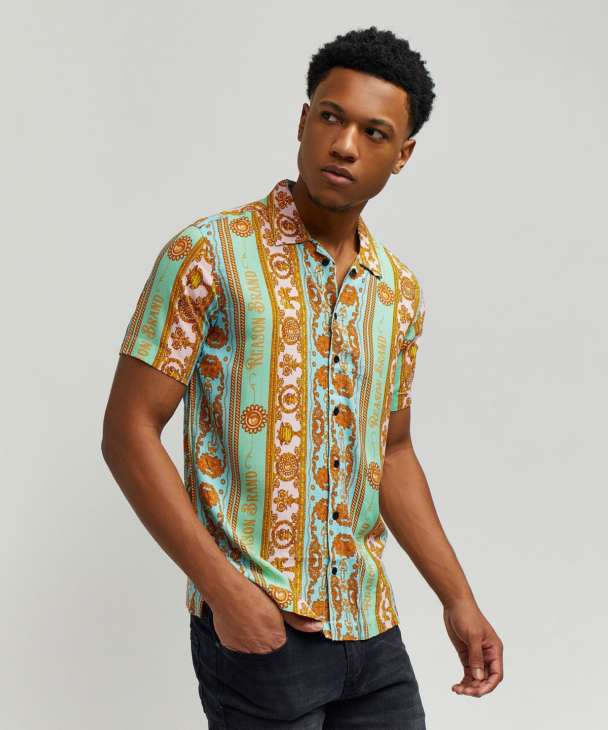 Baroque Viscose Button-Down Short Sleeve Shirt - Multicolor | Reason Clothing Essential