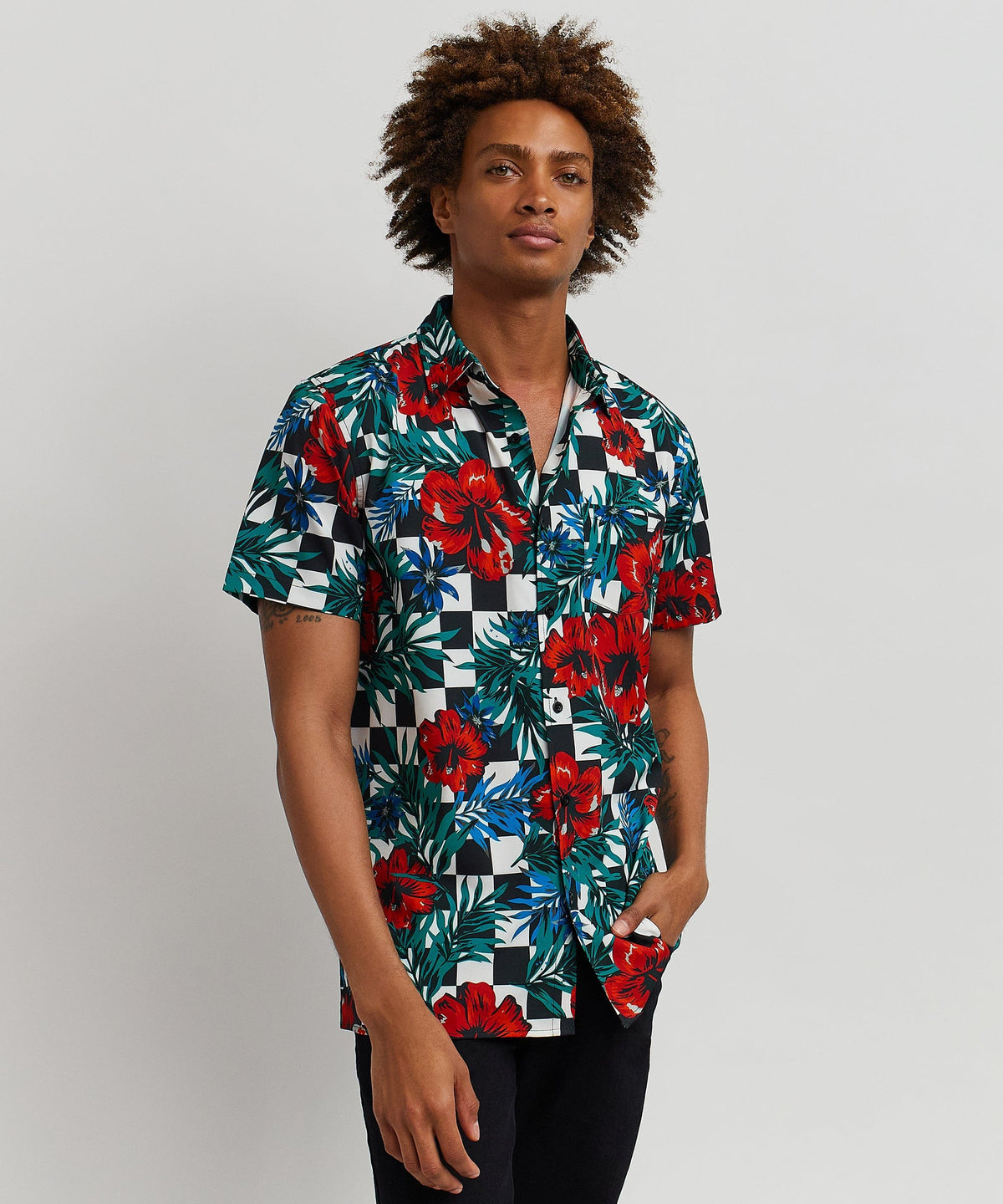 Floral Check Viscose Button-Down Short Sleeve Short | Reason Clothing Recommended