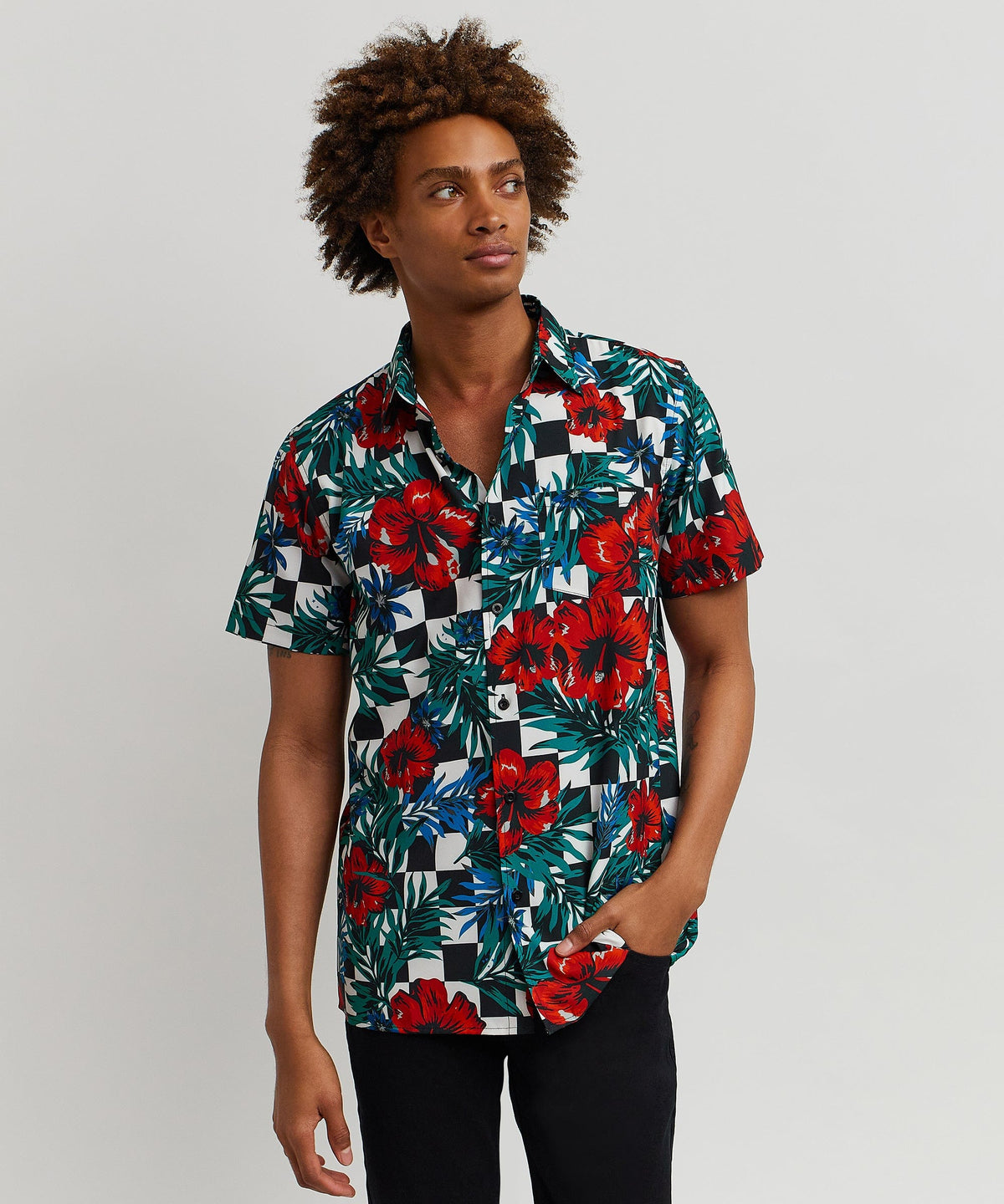 Floral Check Viscose Button-Down Short Sleeve Short | Reason Clothing Recommended
