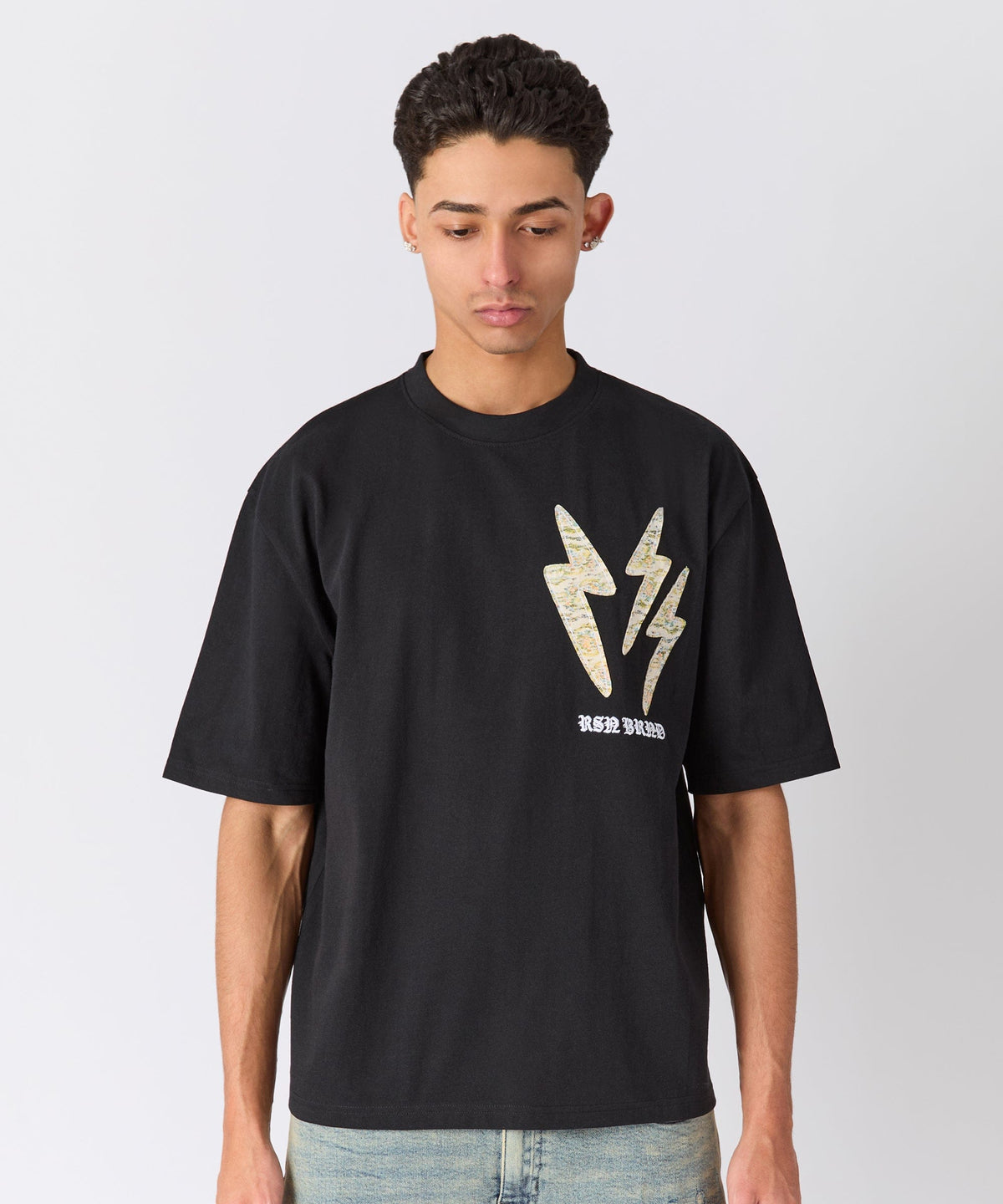 Lightning Bolt Applique Short Sleeve Tee - Black | Reason Clothing New