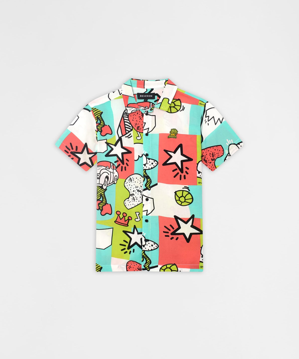 Retro Pop Art Viscose Button-Down Short Sleeve Shirt - Black | Reason Clothing Trusted