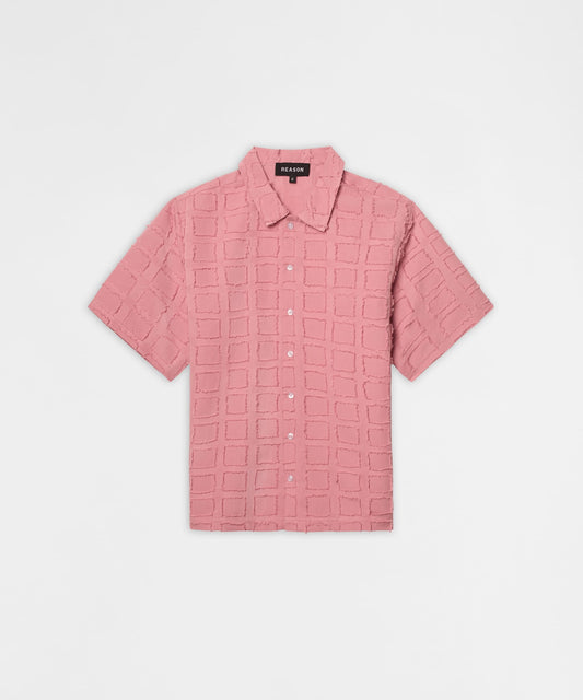 Textured Grid Pattern Button Down Shirt - Pink | Reason Clothing Deals